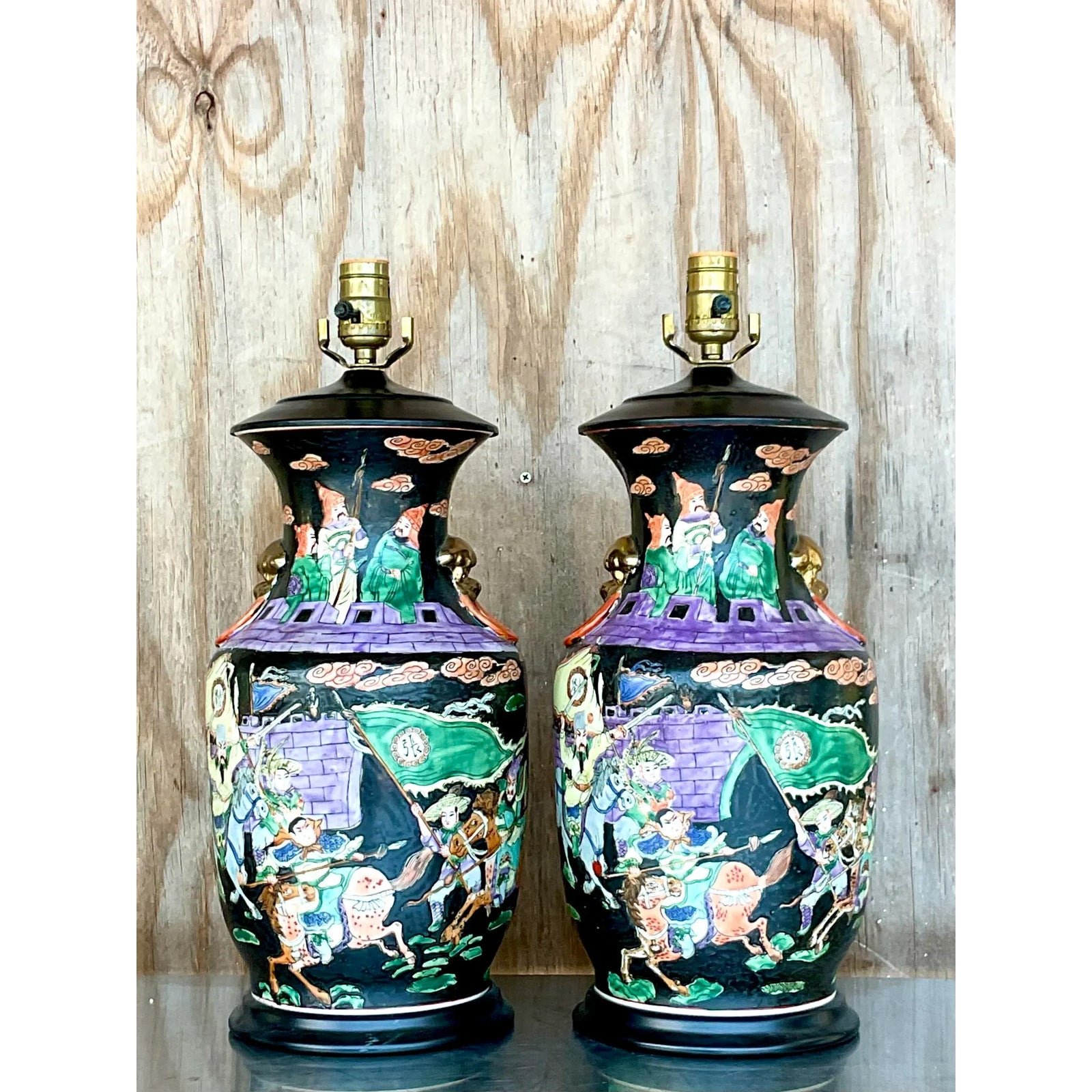 Vintage Asian Jewel Tone Chinoiserie Ceramic Lamps - a Pair - Top view