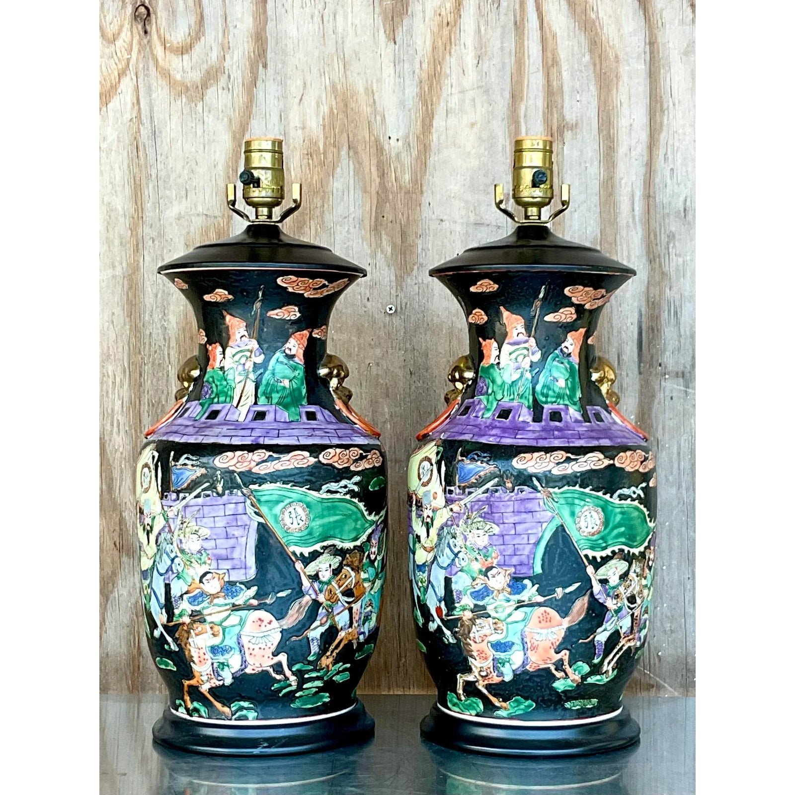 Vintage Chinoiserie Hand-Painted Ceramic Figural Table Lamps – A Pair - Detail view