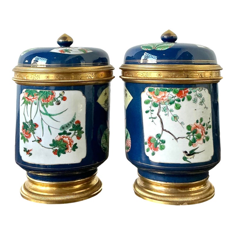 Vintage Asian Lidded Floral Ceramic Jars - A Pair