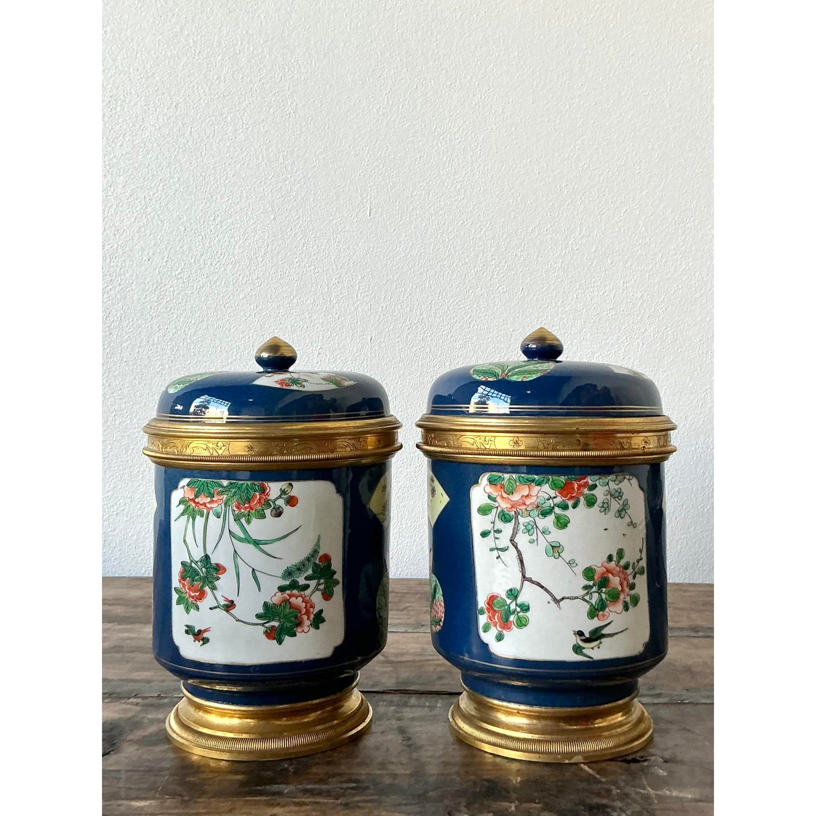 Vintage Asian Lidded Floral Ceramic Jars - A Pair - Detail view