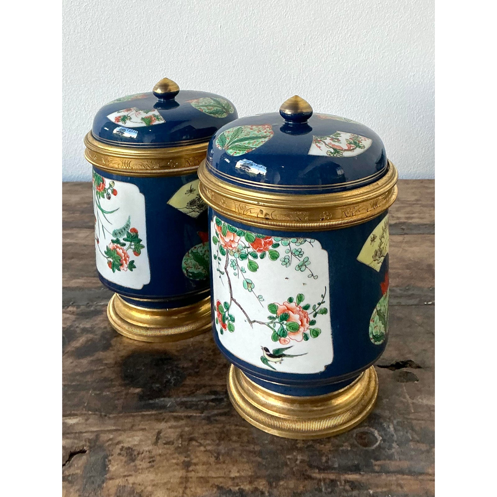 Vintage Asian Lidded Floral Ceramic Jars - A Pair - Top view