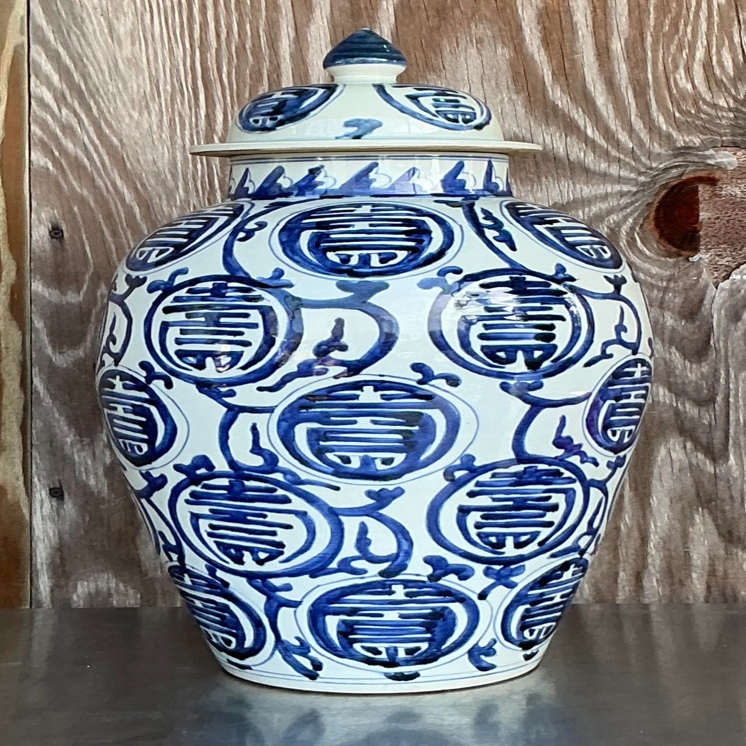 Vintage Asian Medallion Glazed Ceramic Lidded Jar - Side view