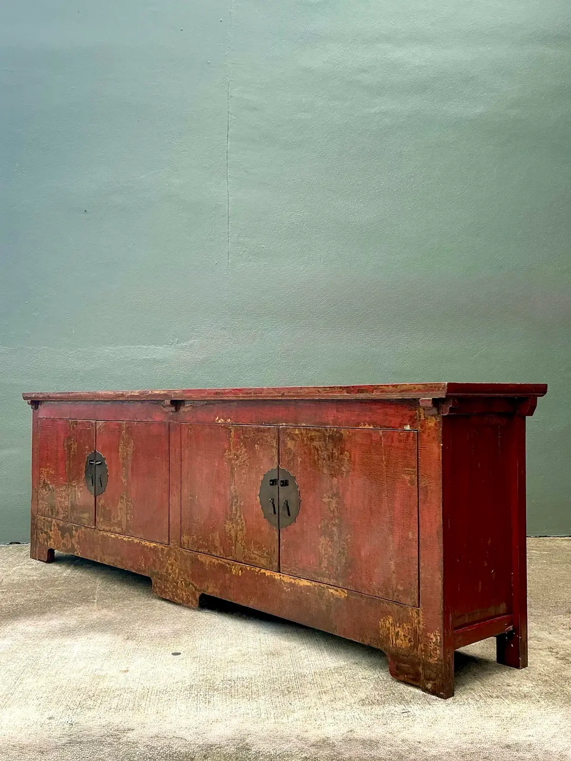 Vintage Asian Medallion Reclaimed Wood Long Credenza - Side view