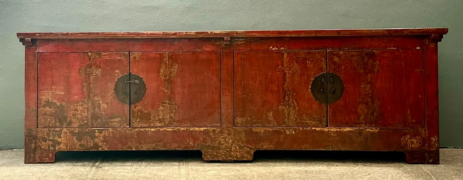 Vintage Asian Medallion Reclaimed Wood Long Credenza - Detail view
