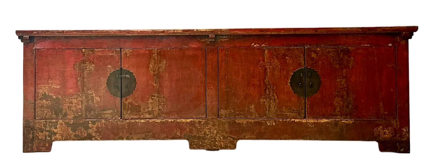 Vintage Asian Medallion Reclaimed Wood Long Credenza