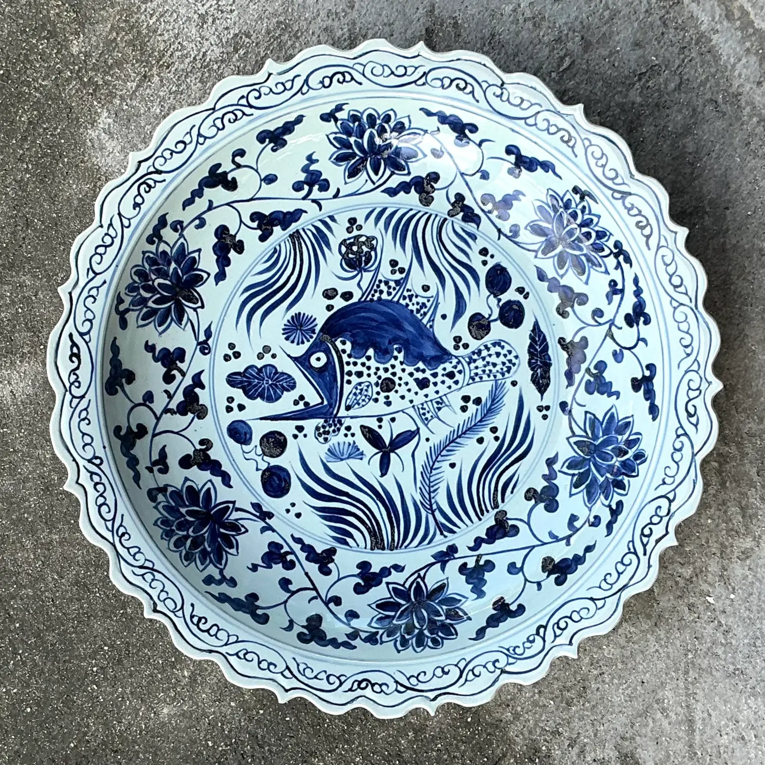 Vintage Asian Monumental Blue and White Platter - Detail view