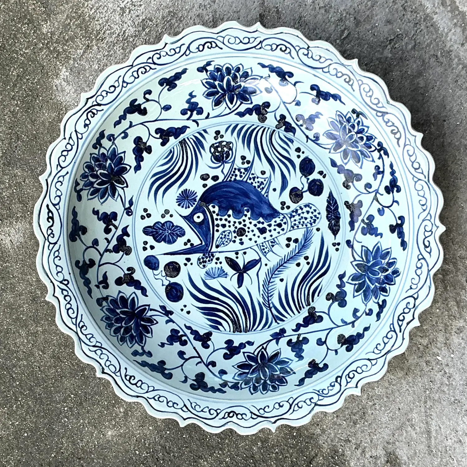 Vintage Asian Monumental Blue and White Platter - Side view