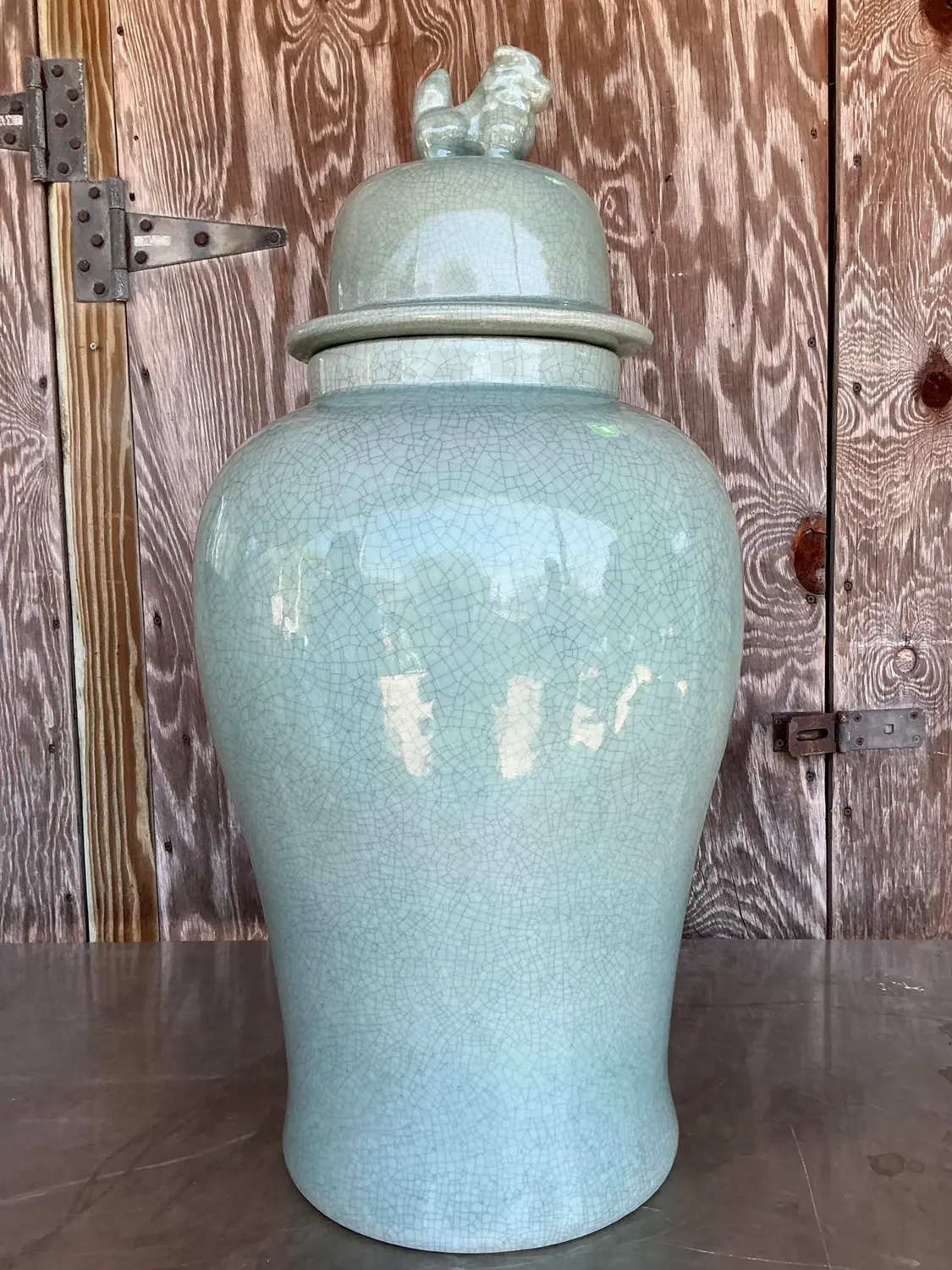 Vintage Asian Monumental Crackle Celedon Ginger Jar - Side view