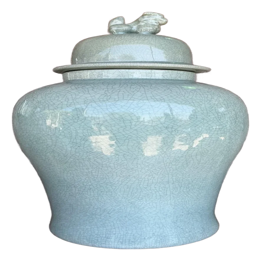 Vintage Asian Monumental Crackle Celedon Ginger Jar - Detail view