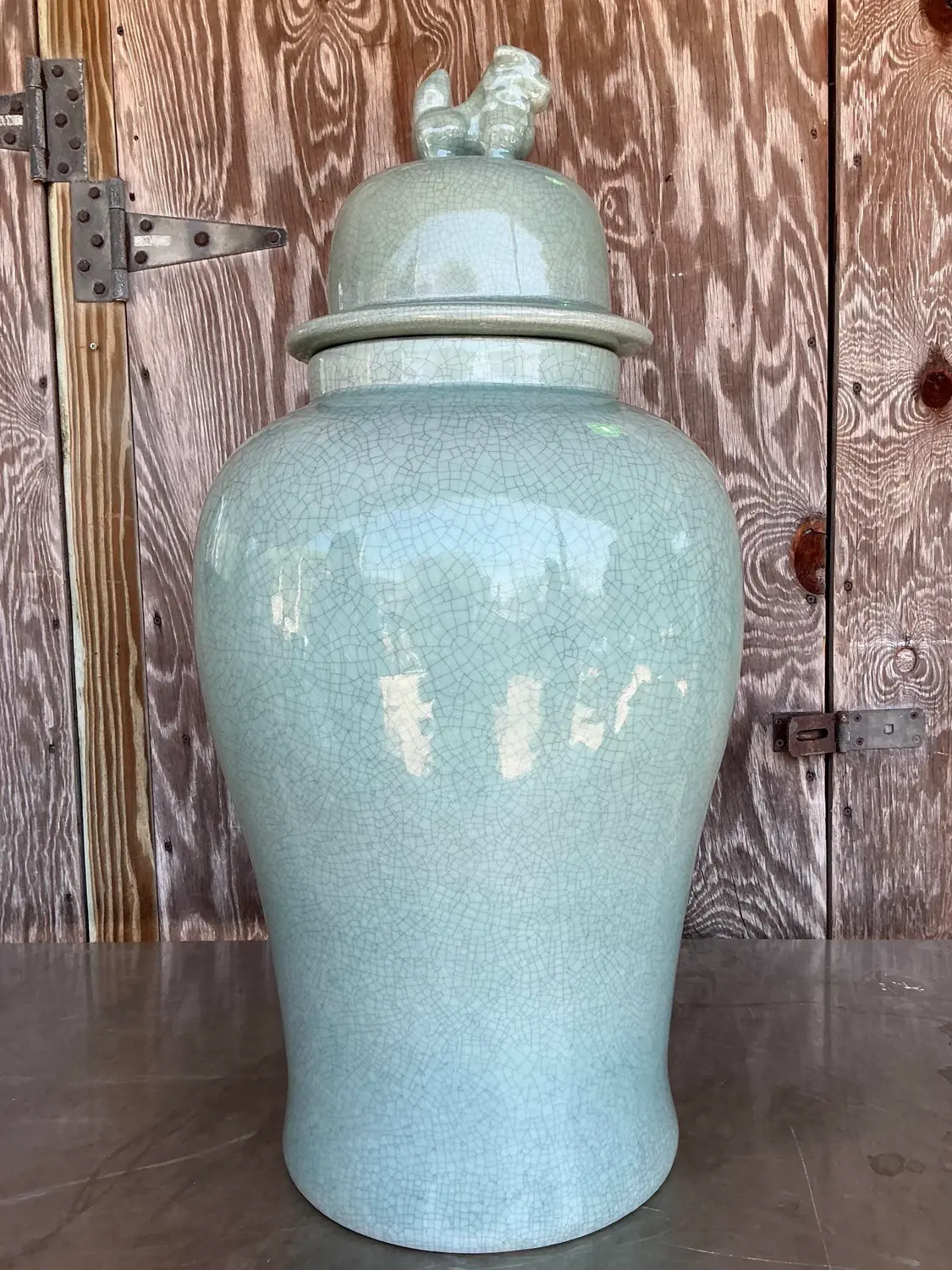 Vintage Asian Monumental Crackle Celedon Ginger Jar - Top view