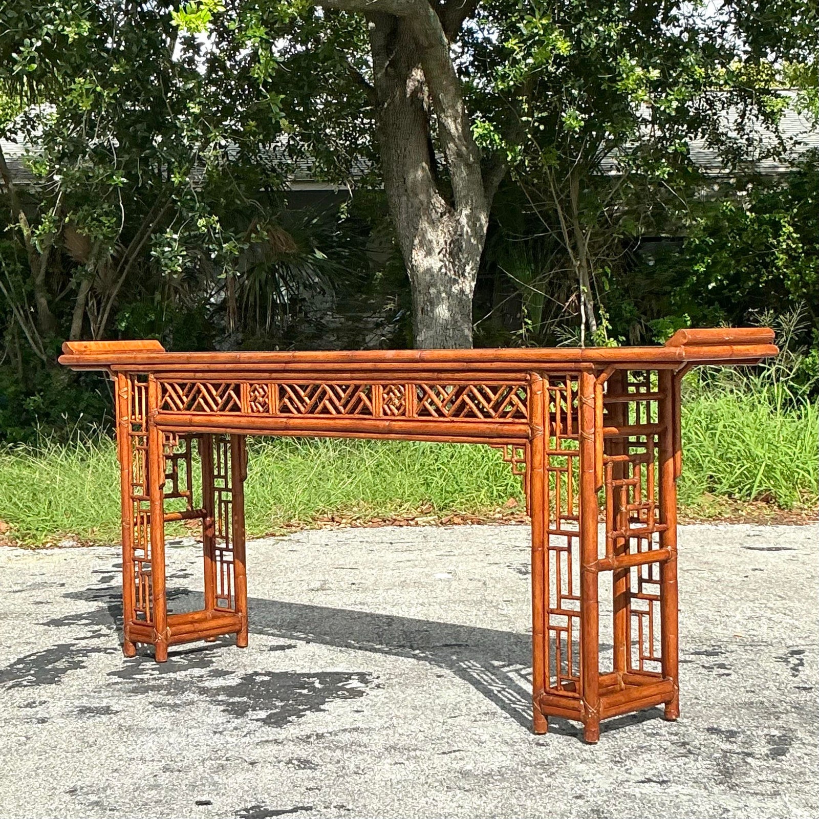 Vintage Asian Pagoda Fretwork Console Table - Back view