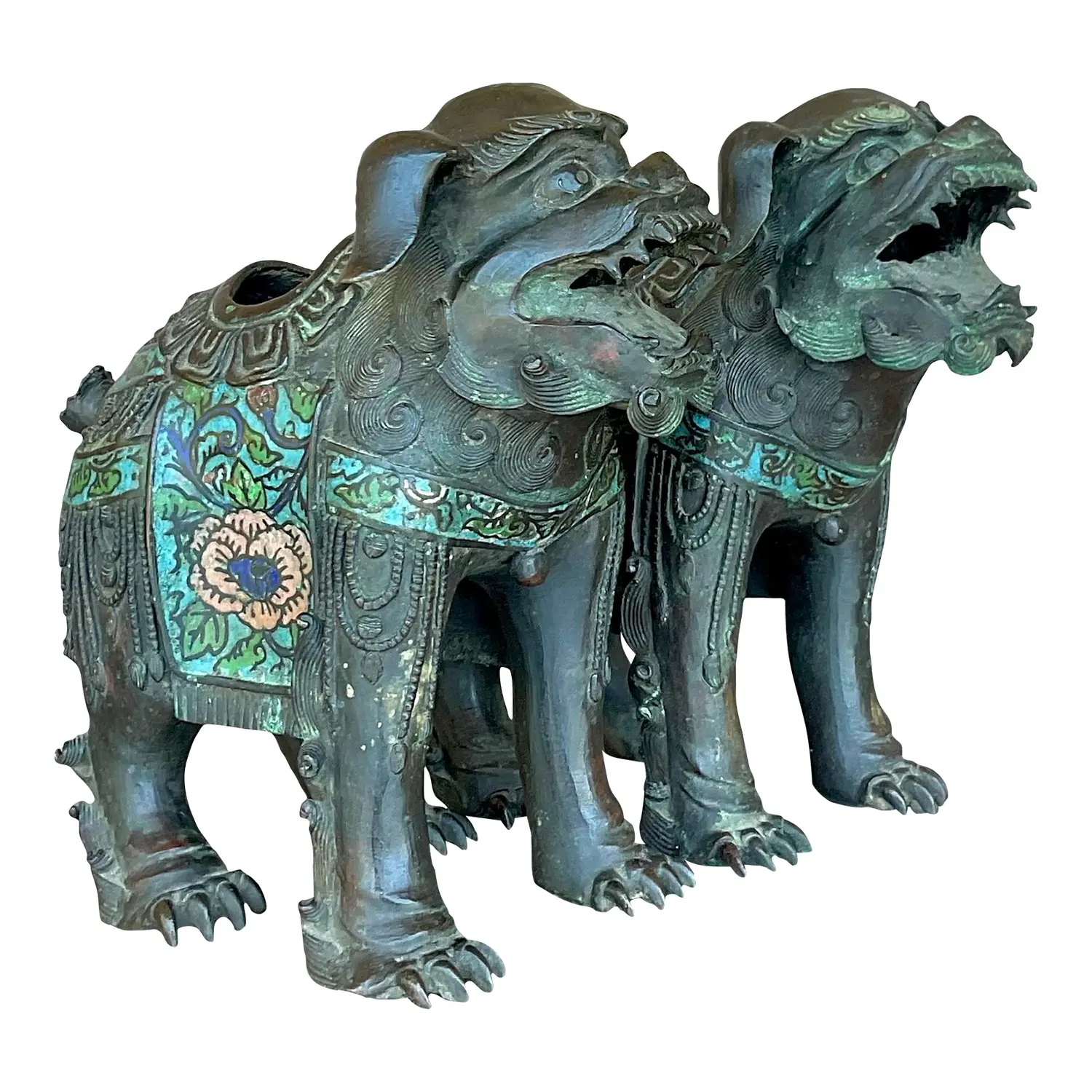 Vintage Asian Patinated Foo Dogs - a Pair