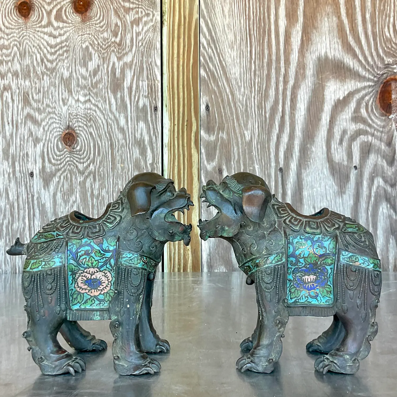 Vintage Asian Patinated Foo Dogs - a Pair - Back view