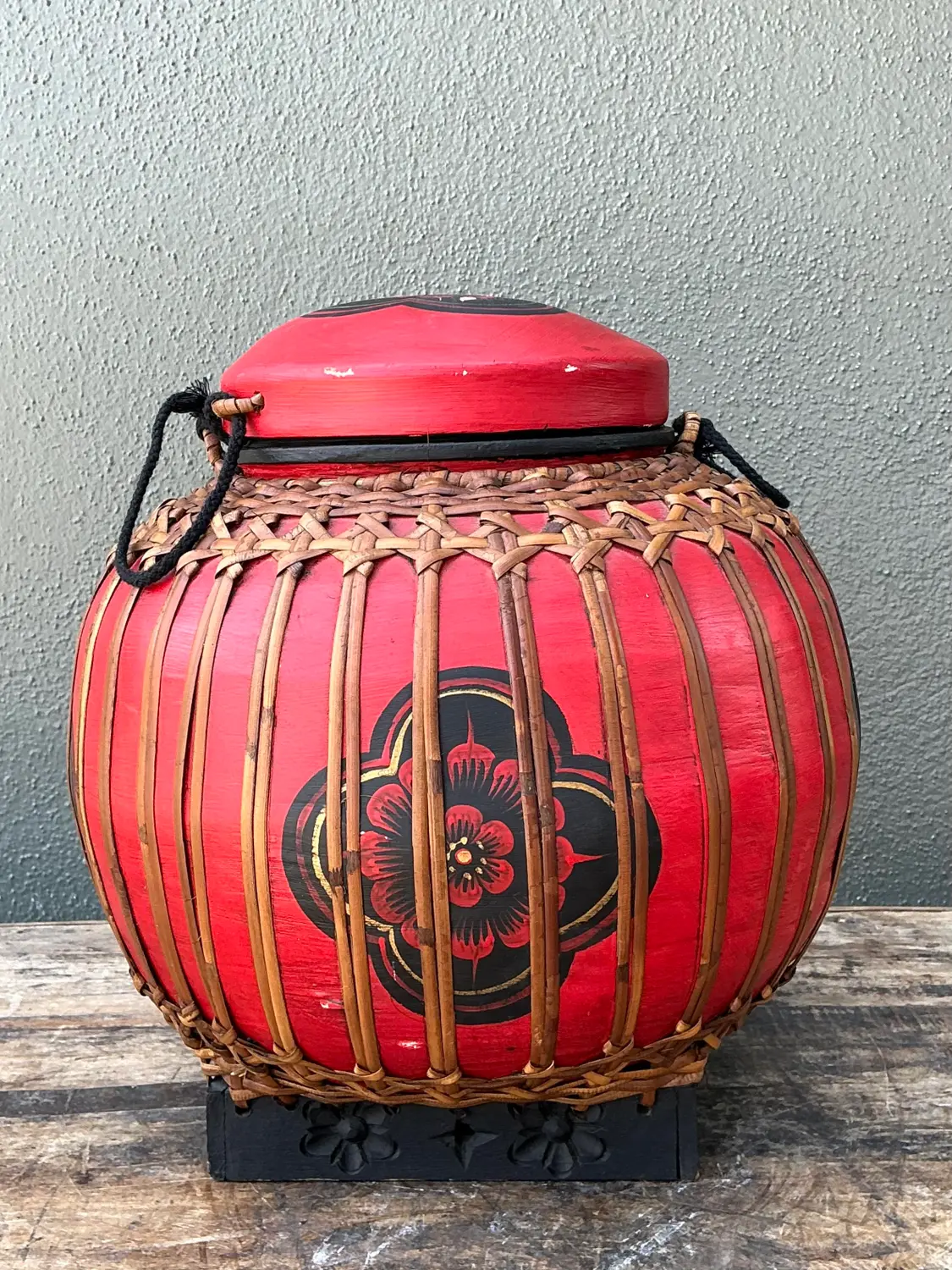 Vintage Asian Rattan Wrapped Lidded Basket - Side view