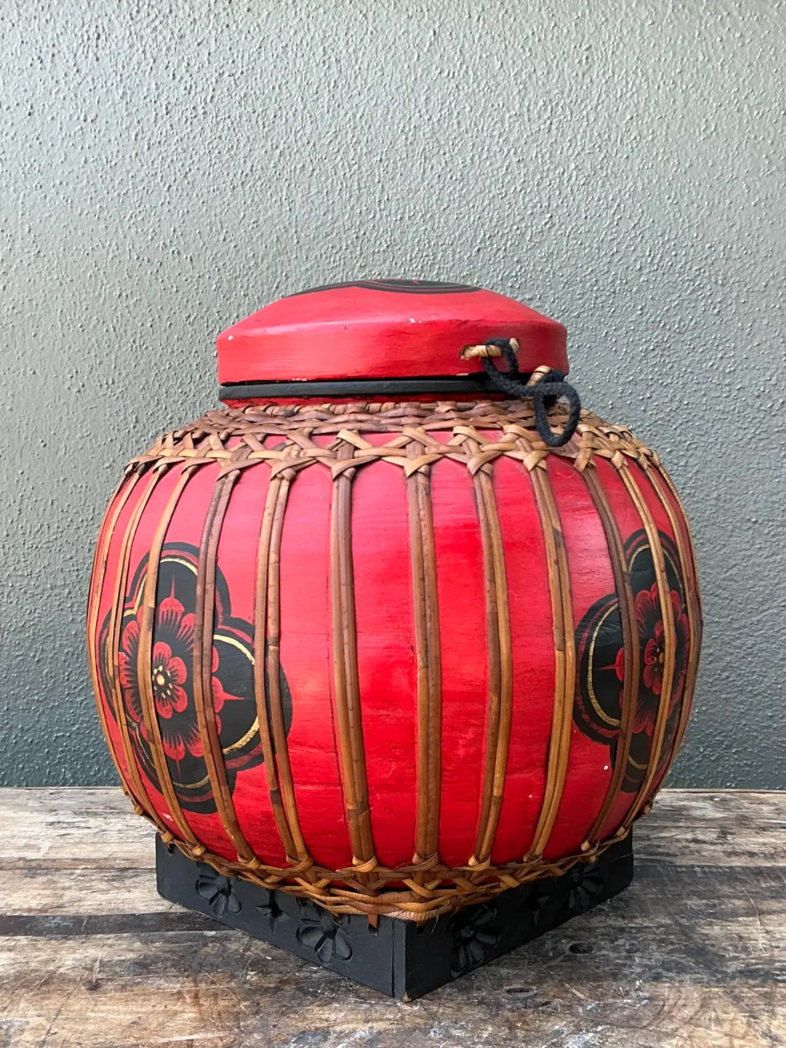 Vintage Asian Rattan Wrapped Lidded Basket - Back view