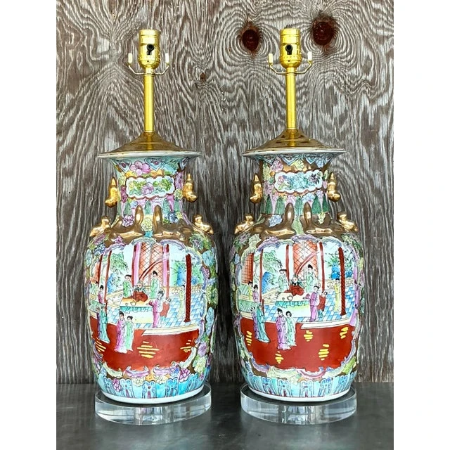 Vintage Asian Rose Famile Lamps - A Pair - Side view