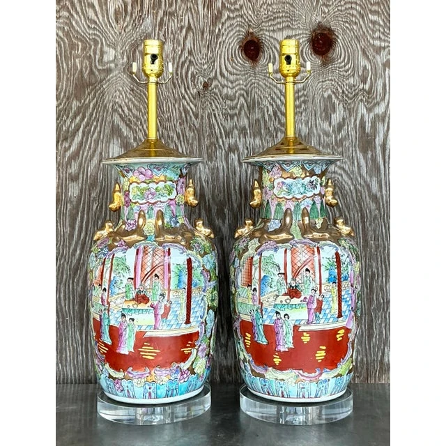 Vintage Asian Rose Famile Lamps - A Pair - Top view