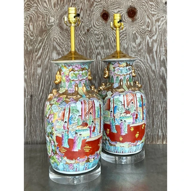 Vintage Asian Rose Famile Lamps - A Pair - Back view
