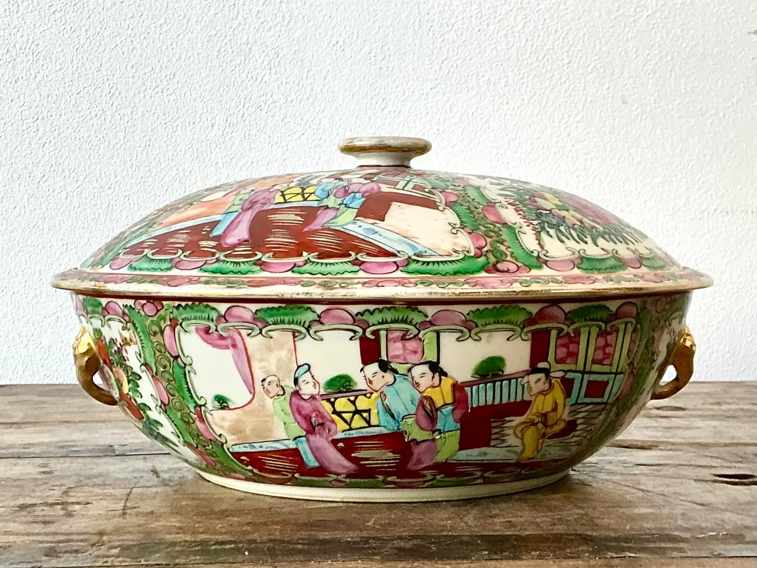 Vintage Asian Rose Famile Lidded Bowl - Back view