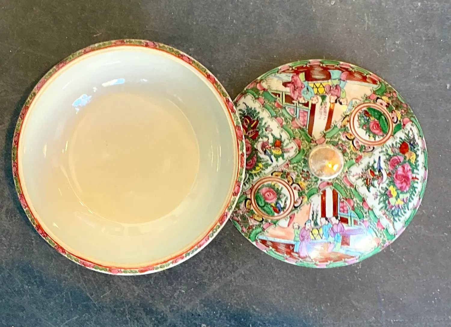 Vintage Asian Rose Famile Lidded Bowl - Top view