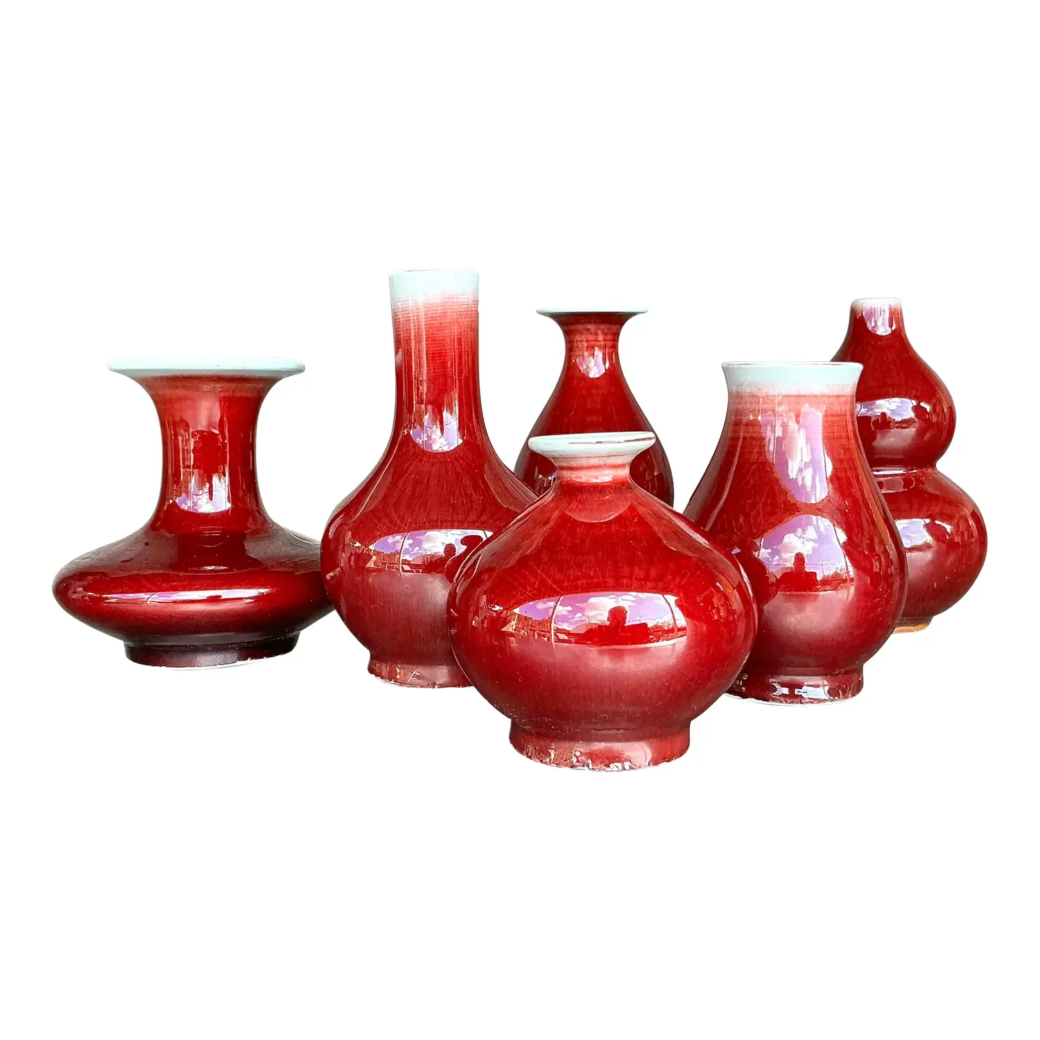 Vintage Asian Sang De Beauf Glazed Ceramic Vases - Collection of 6 - Detail view