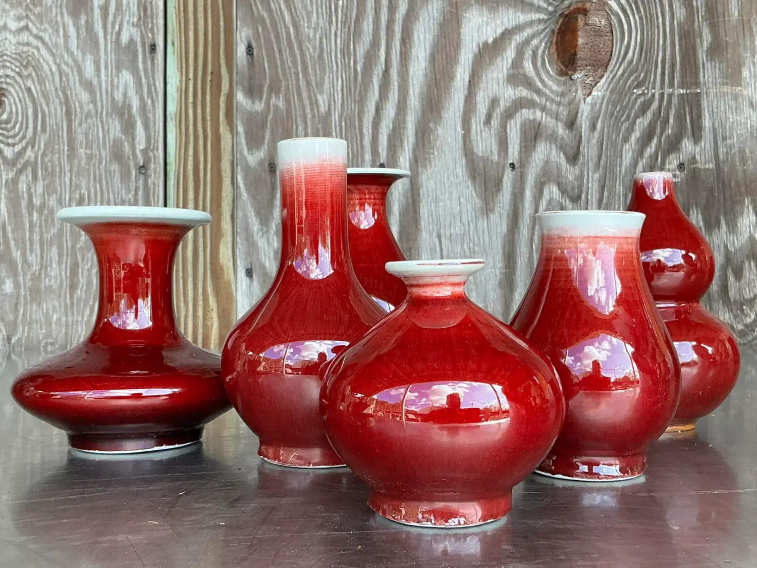 Vintage Asian Sang De Beauf Glazed Ceramic Vases - Collection of 6 - Top view