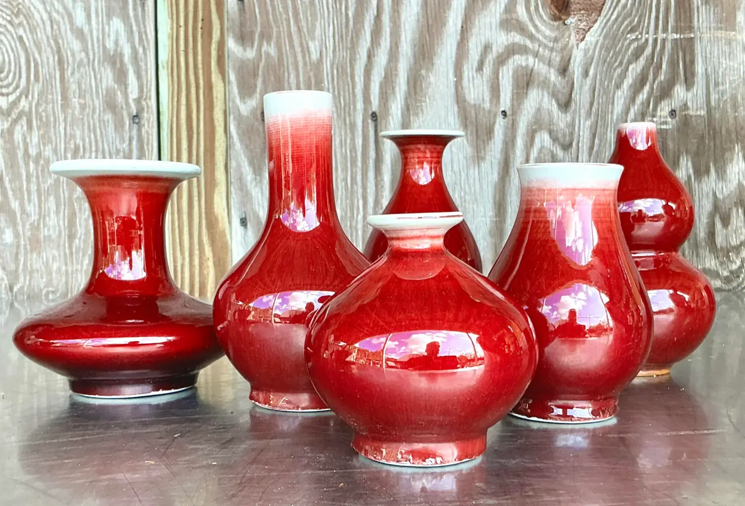 Vintage Asian Sang De Beauf Glazed Ceramic Vases - Collection of 6 - Back view
