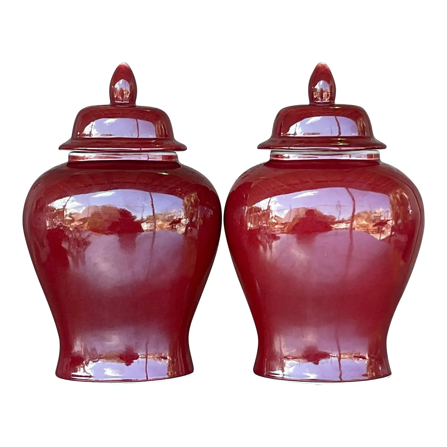 Vintage Asian “Sang De Boeuf” Glazed Ceramic Ginger Jar Urns - a Pair