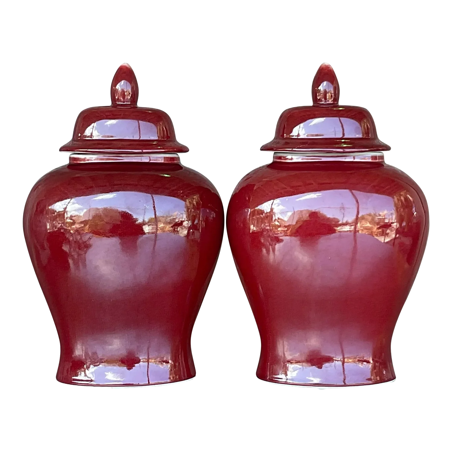Vintage Asian “Sang De Boeuf” Glazed Ceramic Ginger Jar Urns - a Pair - Detail view