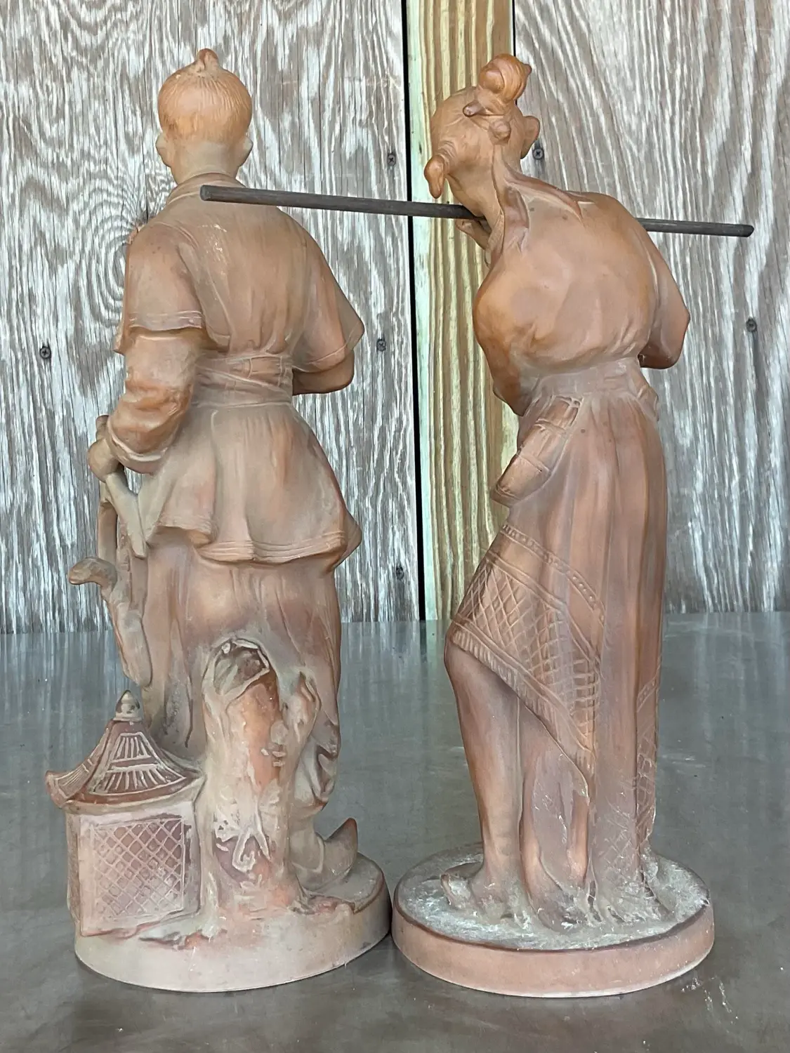 Vintage Asian Terra Cotta Couple - Set of 2 - Back view