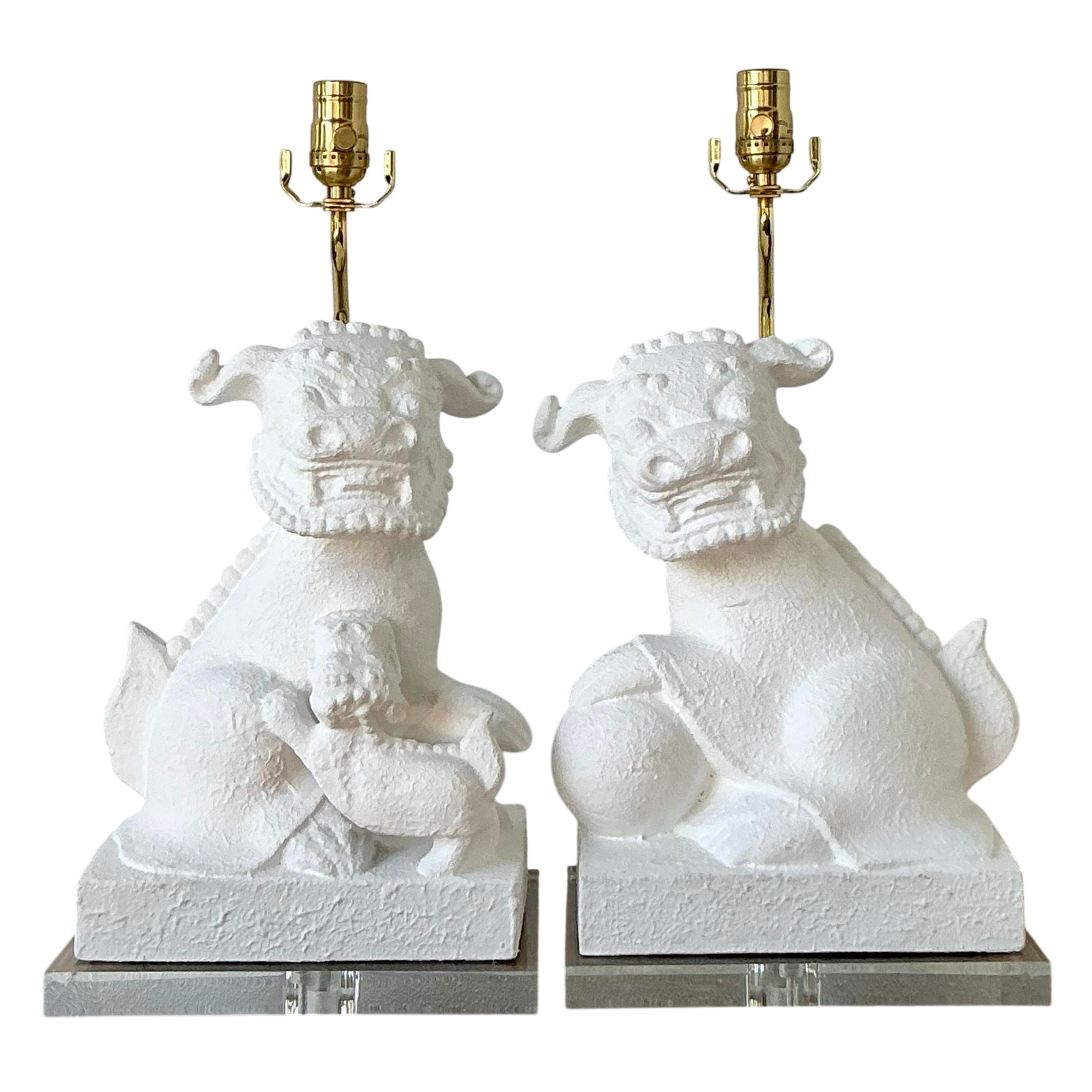 Vintage Asian Textured Foo Dog Lamps - A Pair