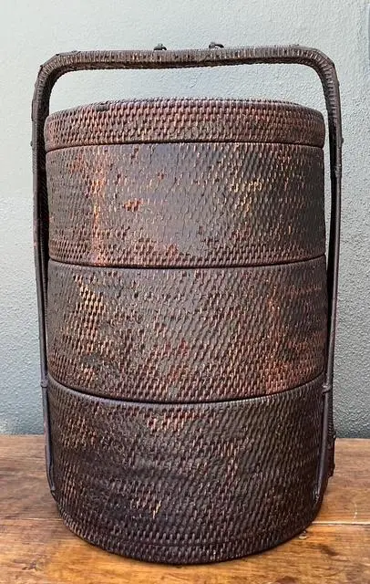 Vintage Asian Woven Rattan Wedding Basket - Back view