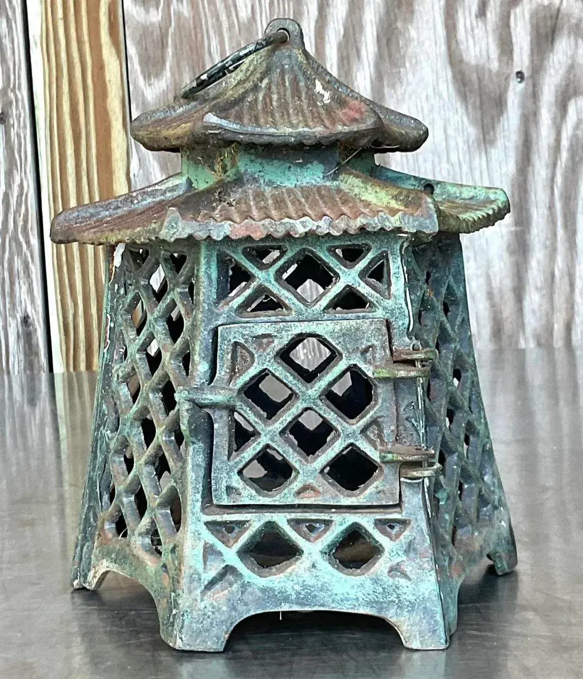 Vintage Asian Wrought Iron Pagoda Lantern - Detail view