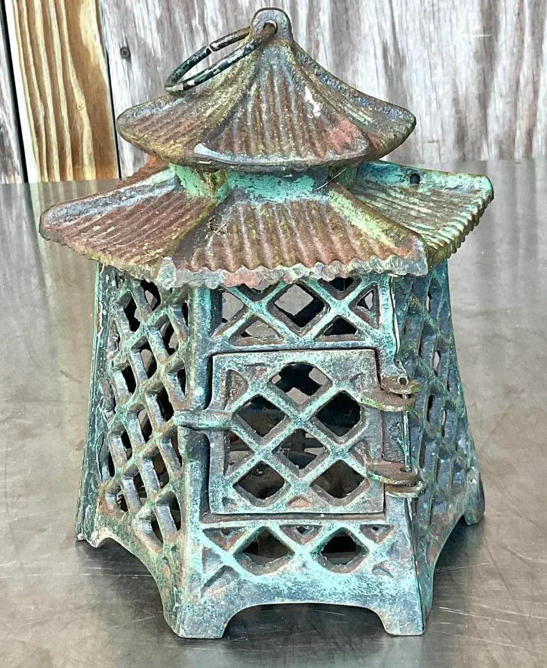 Vintage Asian Wrought Iron Pagoda Lantern - Top view
