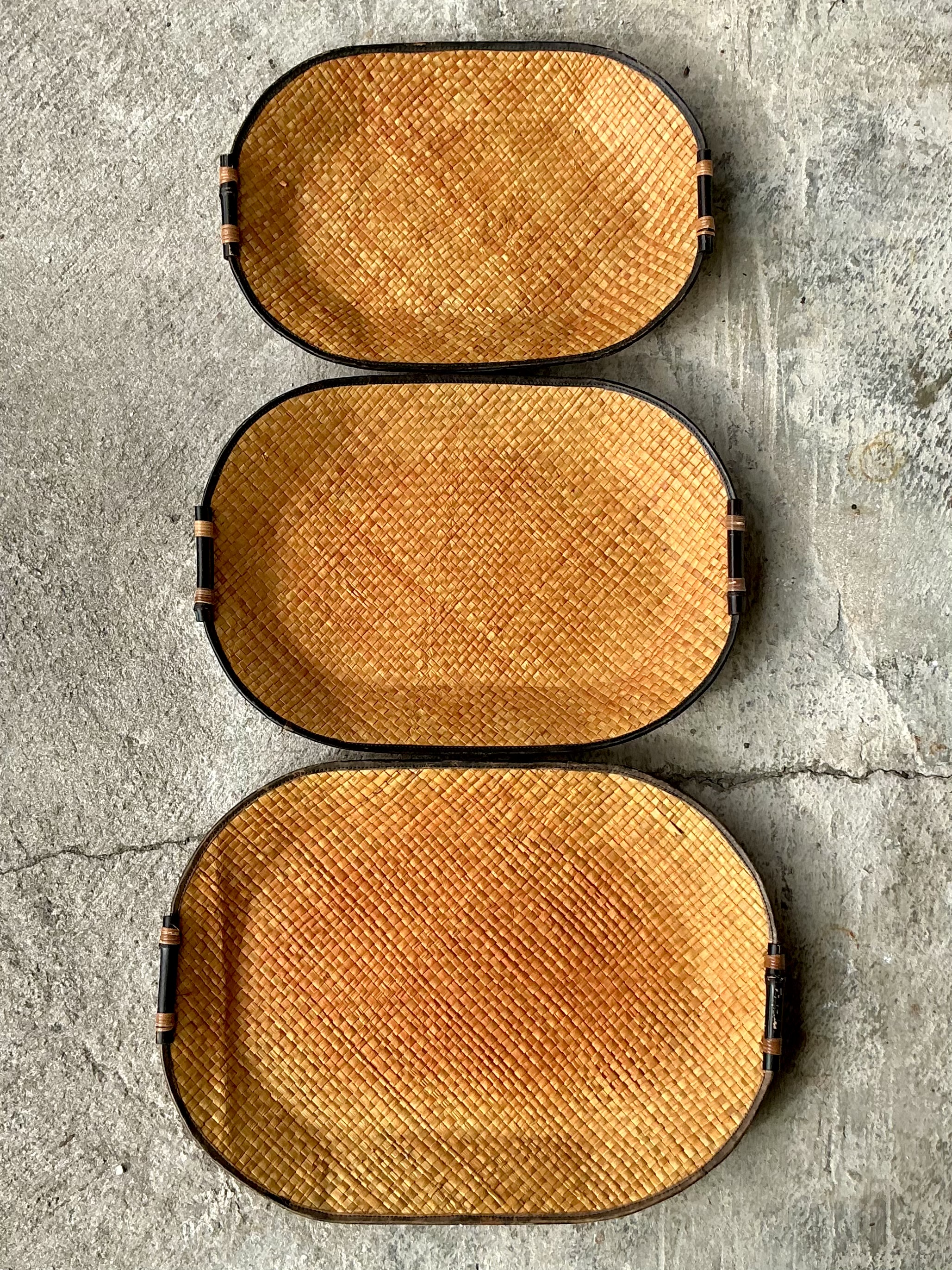 Vintage Bamboo Rattan Woven Trays- Set of 3 - Top view