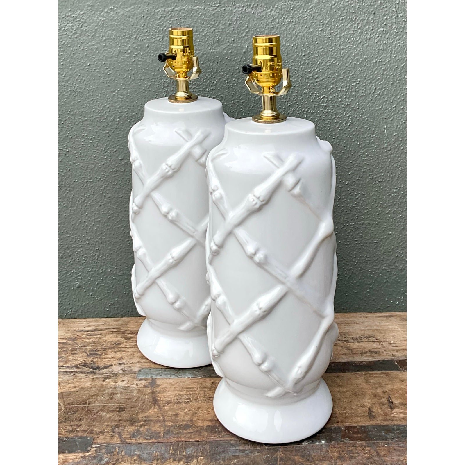 Vintage Bamboo Trellis Glazed Ceramic Lamps - Back view
