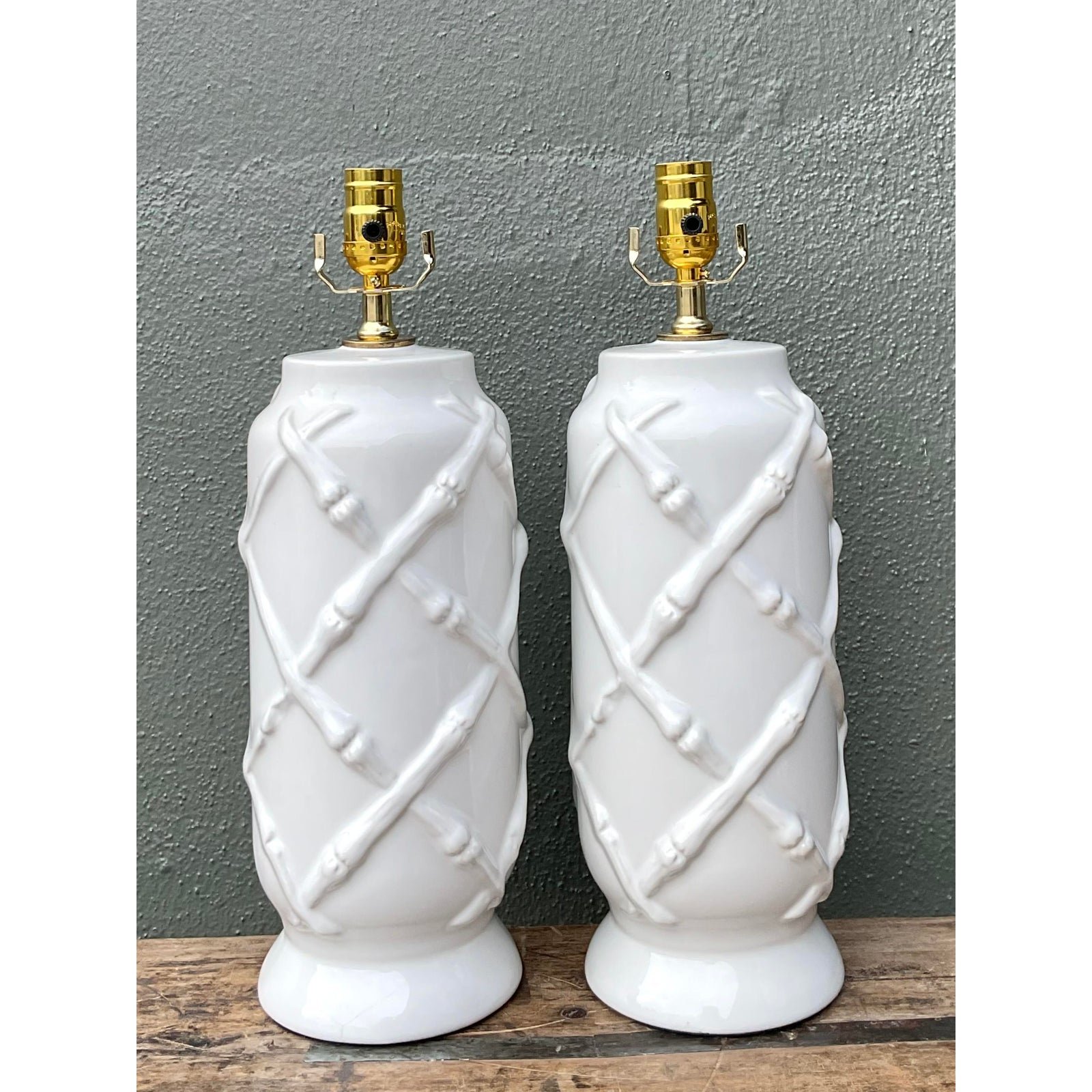 Vintage Bamboo Trellis Glazed Ceramic Lamps - Side view