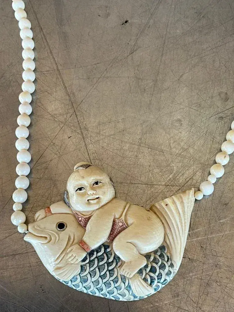 Vintage Beaded Bone Scrimshaw Necklace - Back view