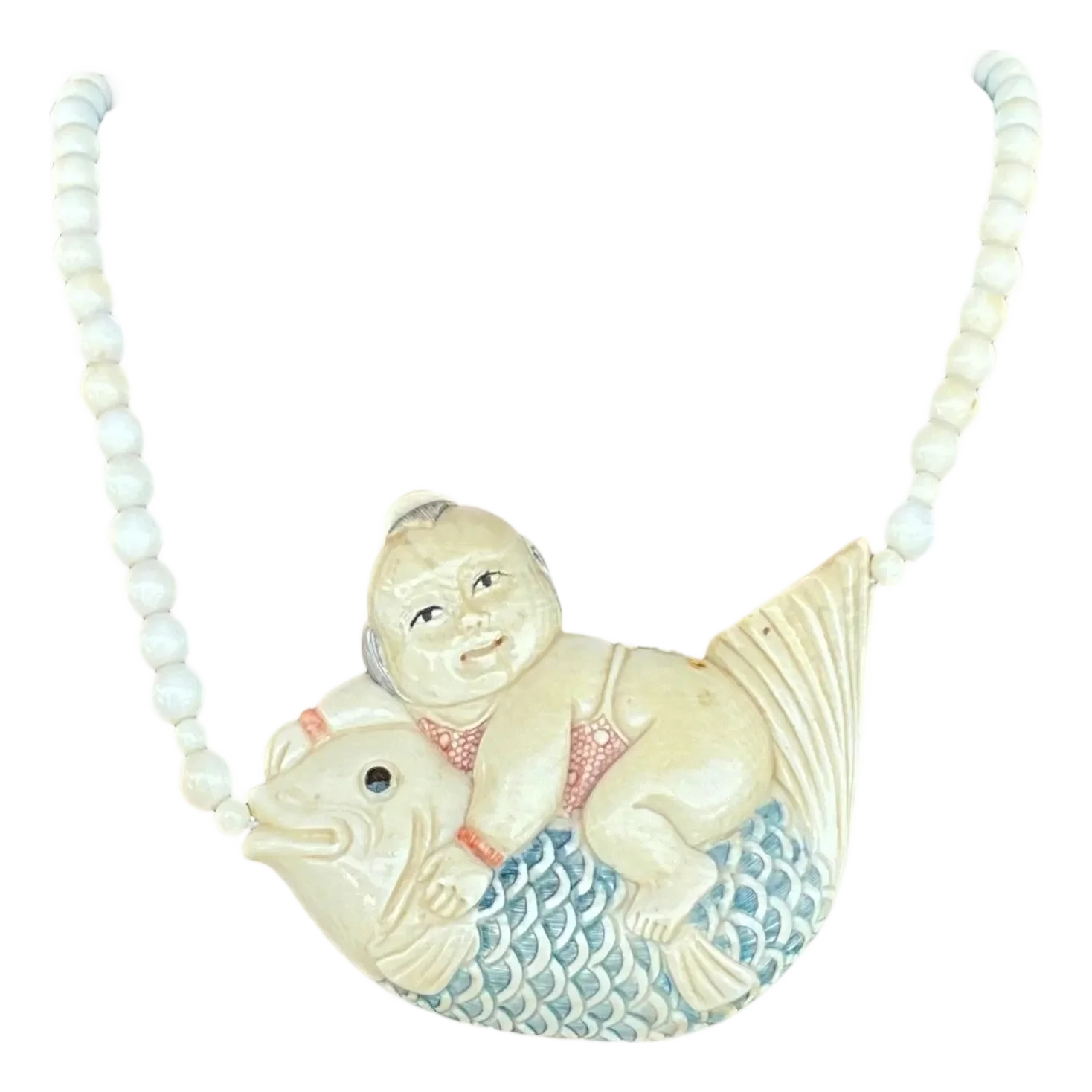Vintage Beaded Bone Scrimshaw Necklace