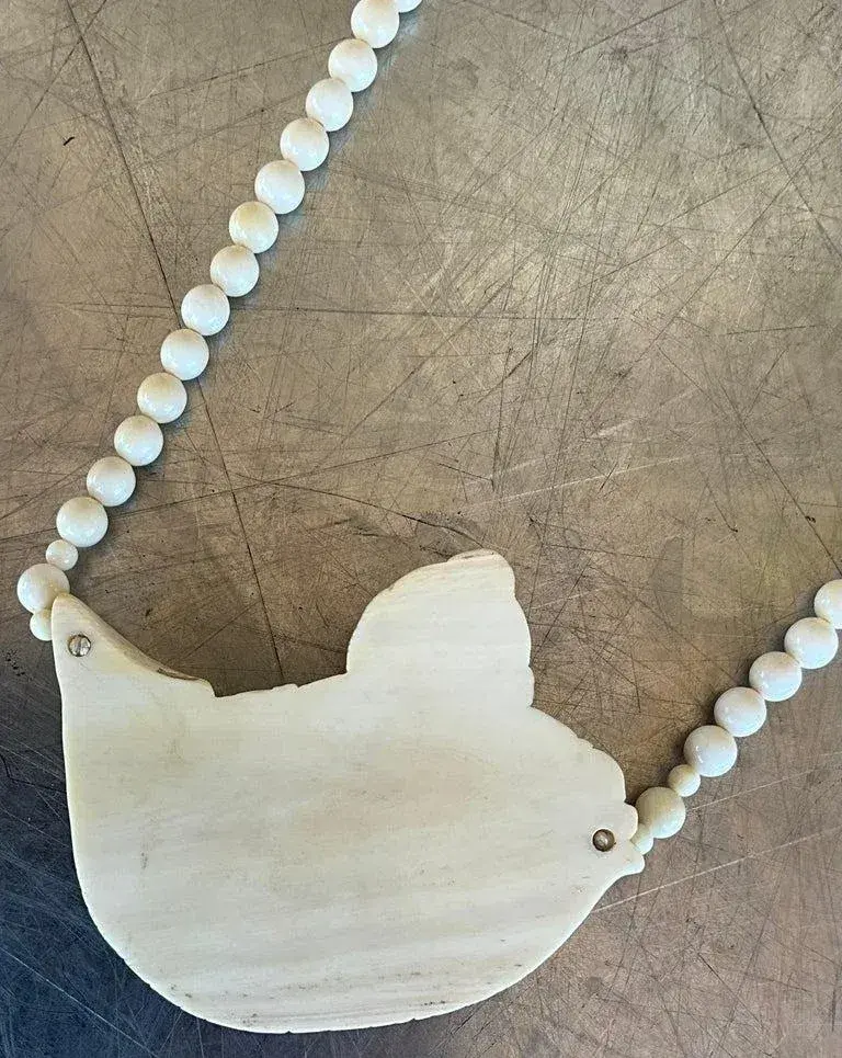Vintage Beaded Bone Scrimshaw Necklace - Top view