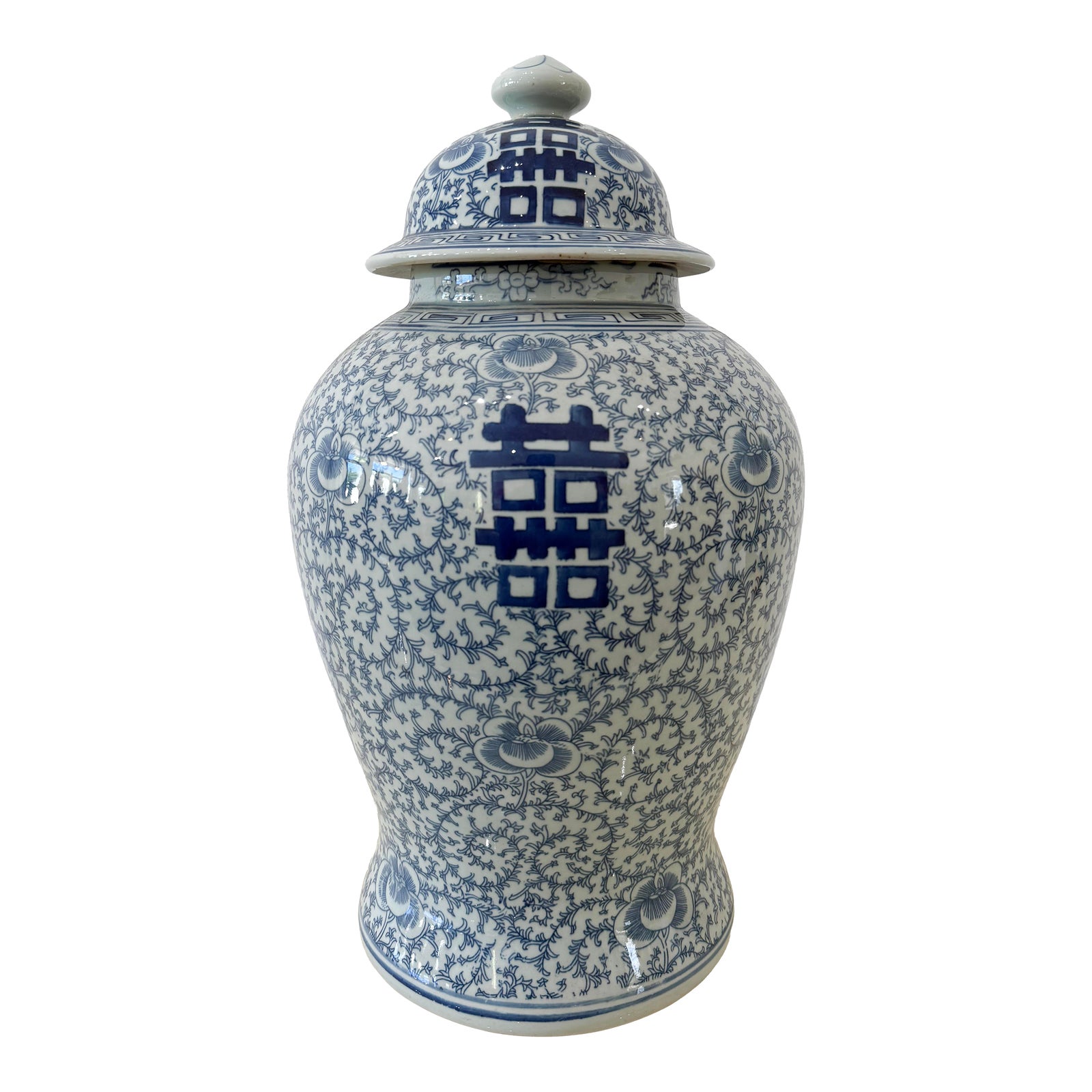 Vintage Blue and White Double Happiness Ginger Jar - Detail view
