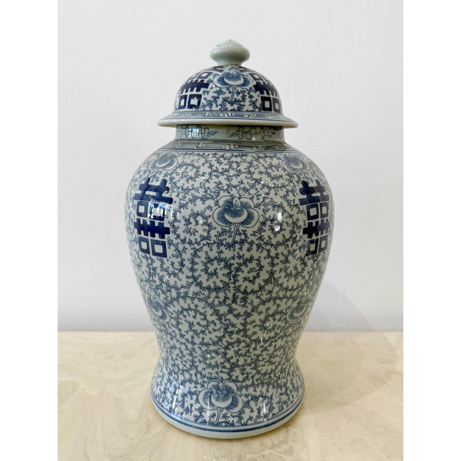 Vintage Blue and White Double Happiness Ginger Jar - Side view