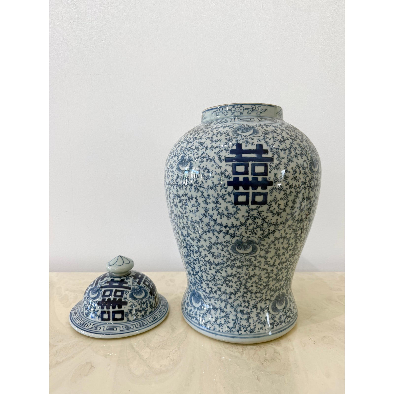 Vintage Blue and White Double Happiness Ginger Jar - Top view