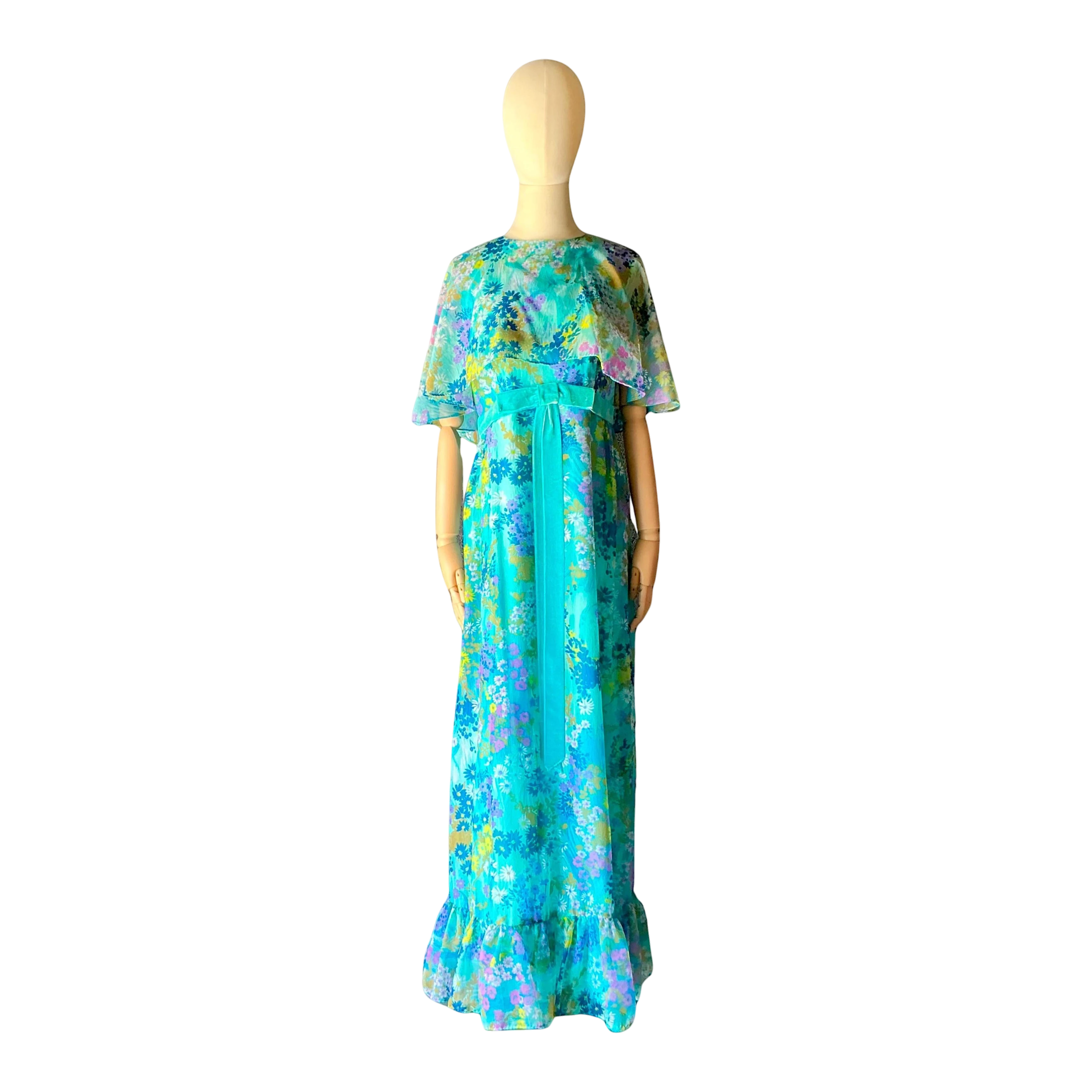 Vintage Blue Floral Dress with Bow