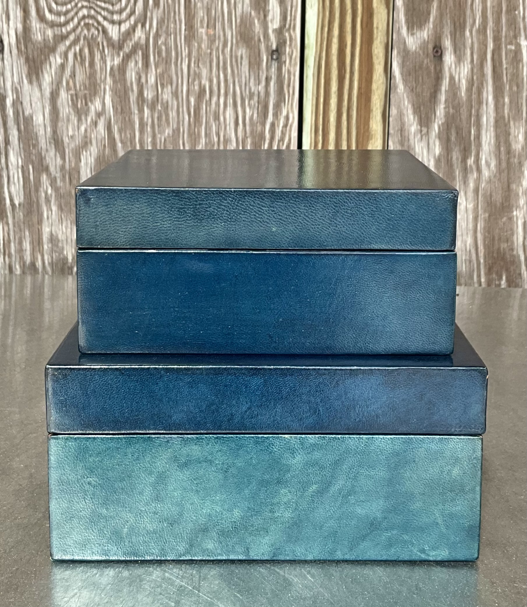 Vintage Blue Leather over Wood All Purpose Boxes- a Set  - Side view