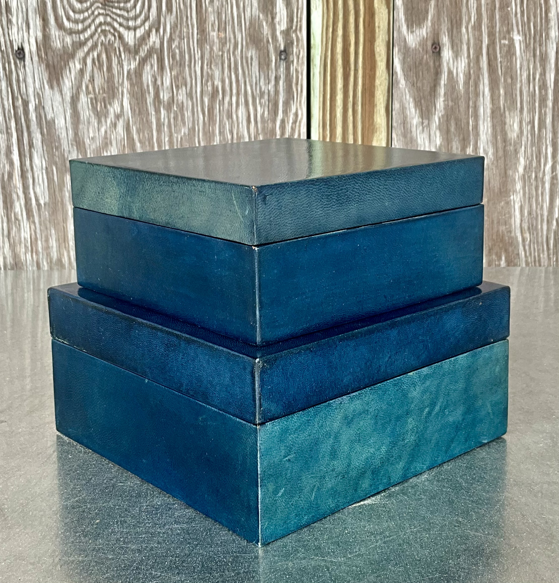 Vintage Blue Leather over Wood All Purpose Boxes- a Set  - Top view