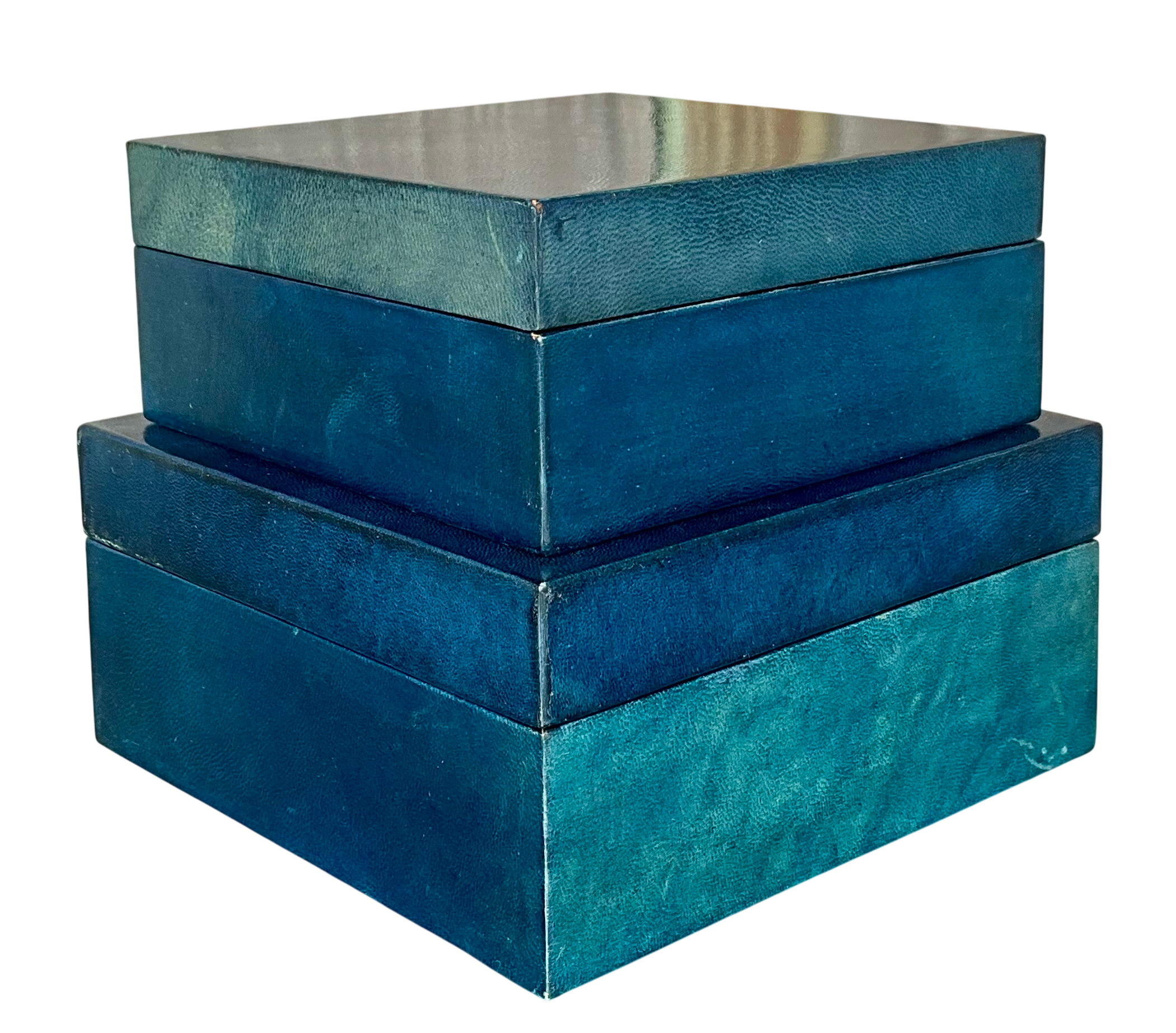 Vintage Blue Leather over Wood All Purpose Boxes- a Set  - Detail view