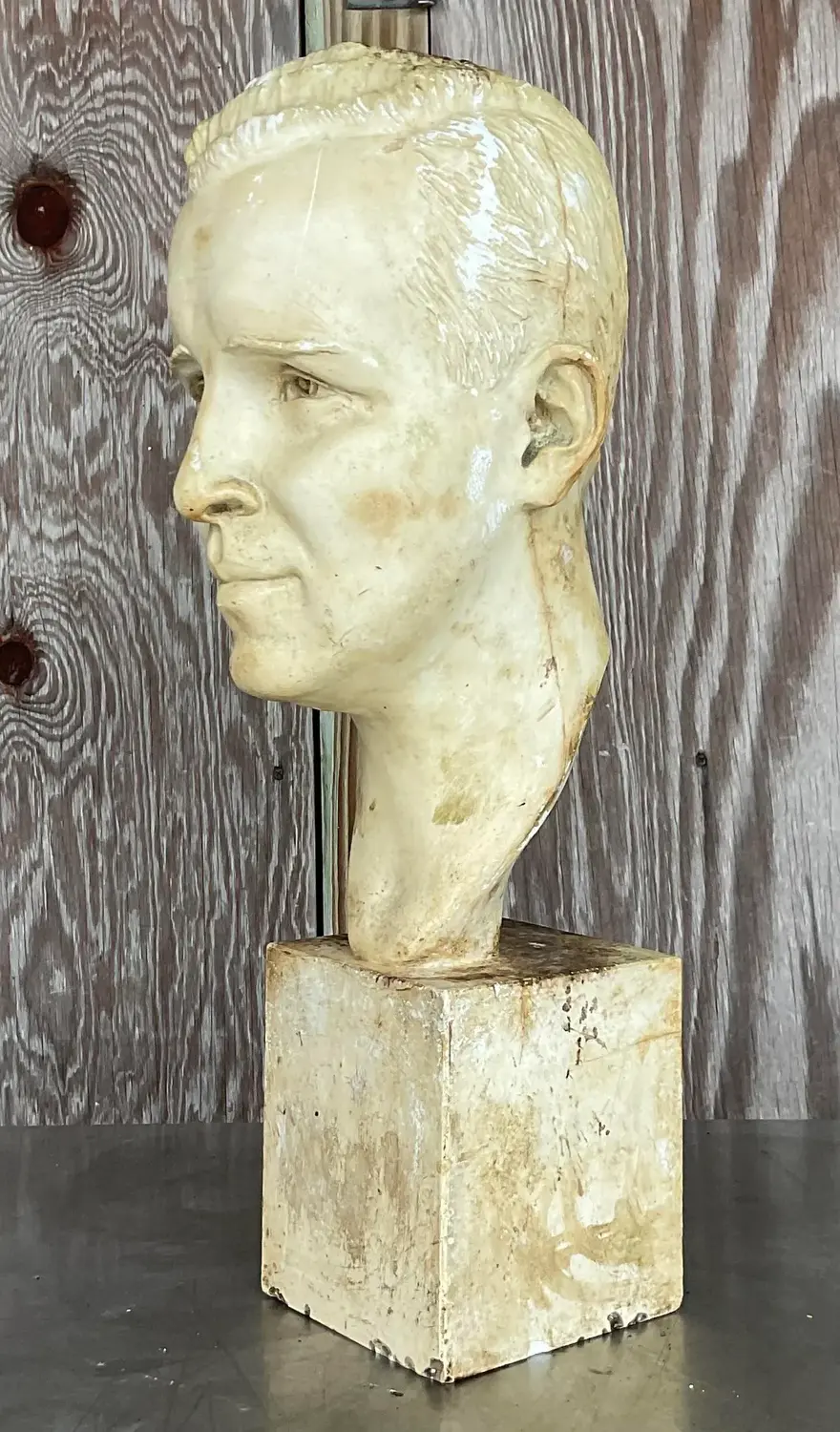 Vintage Boho 1949 Signed Plaster Bust of Man - Detail view