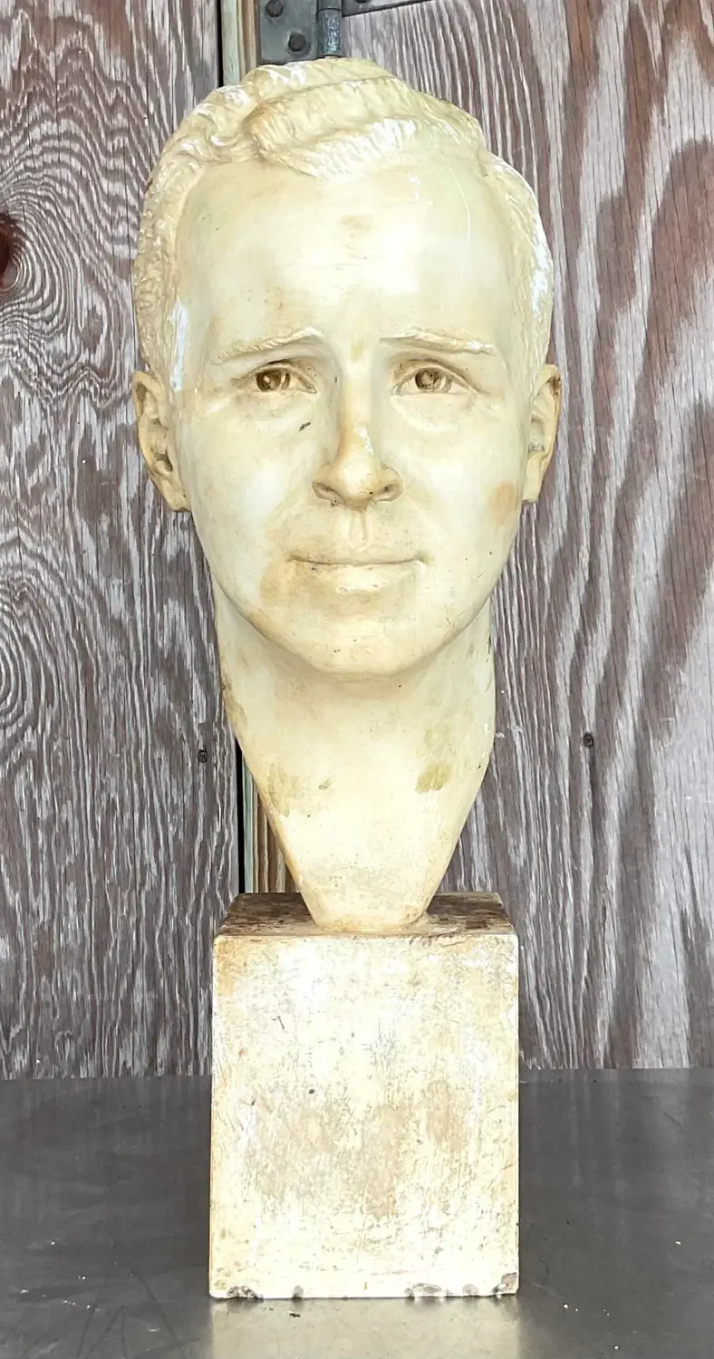 Vintage Boho 1949 Signed Plaster Bust of Man - Side view