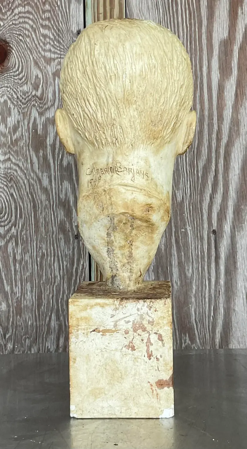 Vintage Boho 1949 Signed Plaster Bust of Man - Top view